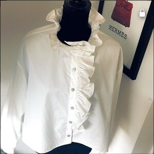 Zara White Ruffled Blouse size Crystal/silver buttons. Size XL